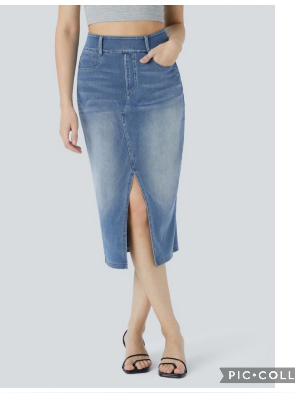 Halara Flex High Waisted Bodycon Denim Midi Skirt Front Slit Blue Size L NWT